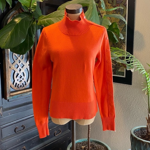 Anthropologie Tisbury Orange Mock Neck Arm Snaps Fitted Wool Sweater - Picture 3 of 13